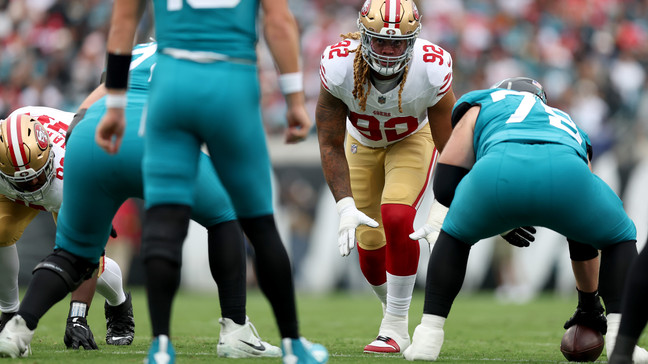 JACKSONVILLE, FLORIDA - NOVEMBER 12: Chase Young #92 of the San Francisco 49ers looks downfield during the first quarter against the Jacksonville Jaguars at EverBank Stadium on November 12, 2023 in Jacksonville, Florida. (Photo by Mike Carlson/Getty Images)