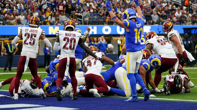 Players react as Los Angeles Rams running back Kyren Williams (23) scores a touchdown during the first half of an NFL football game against the Washington Commanders Sunday, Dec. 17, 2023, in Inglewood, Calif. (AP Photo/Marcio Jose Sanchez)