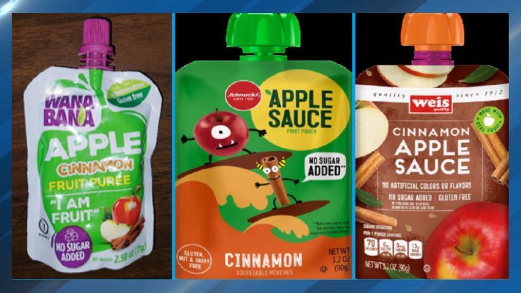 This photo provided by the U.S. Food and Drug Administration shows pouches of WanaBana apple cinnamon fruit puree (L), Schnucks cinnamon-flavored applesauce (C), and Weis cinnamon applesauce (R). On Monday, Nov. 13, 2023, U.S. health officials are warning doctors to be on the lookout for possible cases of lead poisoning in children after at least 22 toddlers in 14 states were sickened by lead linked to tainted pouches of cinnamon apple puree and applesauce. Brands include WanaBana brand apple cinnamon fruit puree and Schnucks and Weis brand cinnamon applesauce pouches. The products were sold in stores and online. (Photo: FDA)