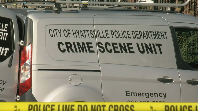 A Hyattsville Police Department Crime Scene Unit vehicle at the site of a shooting on Jan. 4, 2024. (Brian Hopkins/7News){p}{/p}