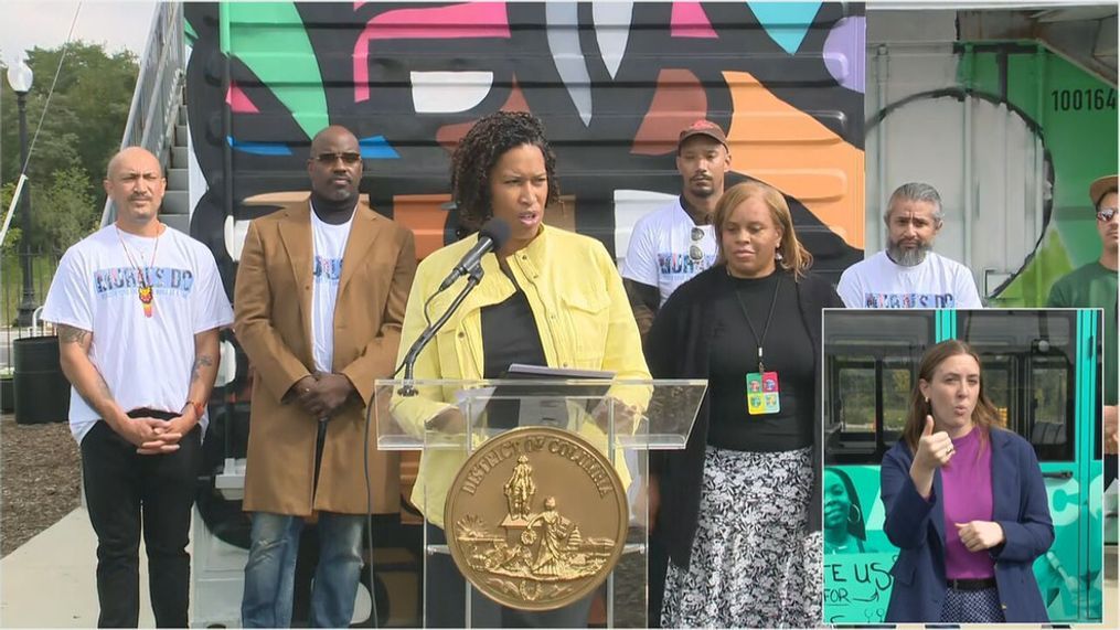 D.C. Mayor Muriel Bowser on Wednesday, Sept. 27, 2023, is unveiling the inaugural MuralsDC Anacostia Project alongside business development leaders and other District officials. (7News)