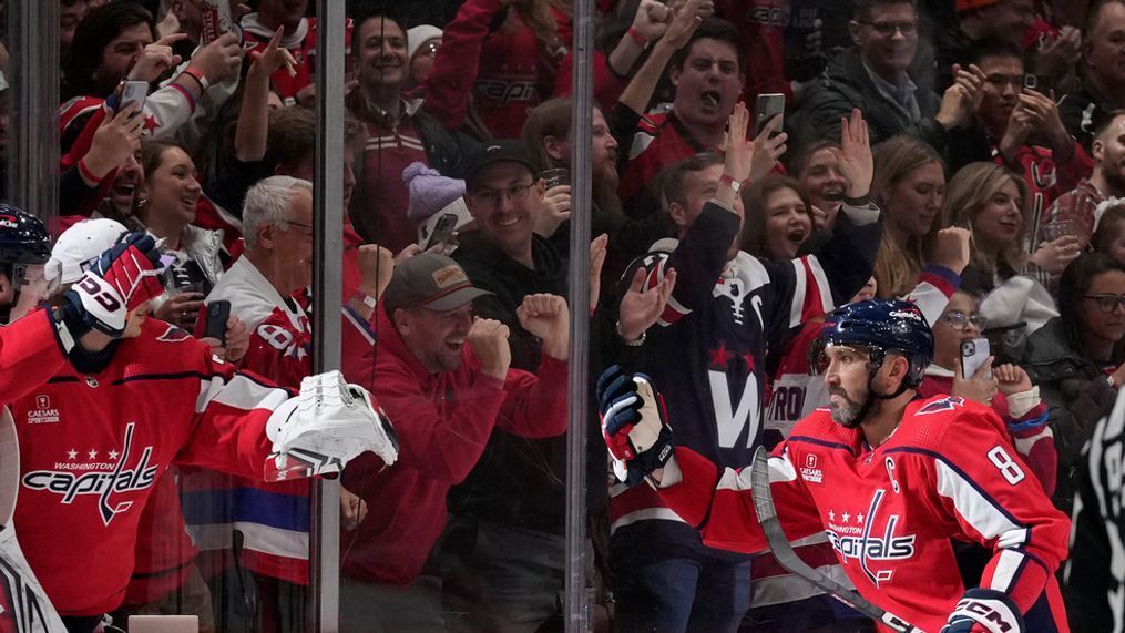 Washington Capitals left wing Alex Ovechkin (8) gestures during the second period of an NHL hockey game against the Columbus Blue Jackets in Washington, Saturday, Nov. 18, 2023. (AP Photo/Susan Walsh)