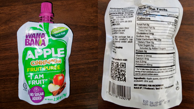 FILE - This photo provided by the U.S. Food and Drug Administration on Oct. 28, 2023, shows a WanaBana apple cinnamon fruit puree pouch. On Monday, Nov. 13, 2023, U.S. health officials are warning doctors to be on the lookout for possible cases of lead poisoning in children after at least 22 toddlers in 14 states were sickened by lead linked to tainted pouches of cinnamon apple puree and applesauce. Brands include WanaBana brand apple cinnamon fruit puree and Schnucks and Weis brand cinnamon applesauce pouches. The products were sold in stores and online. (FDA via AP, File)