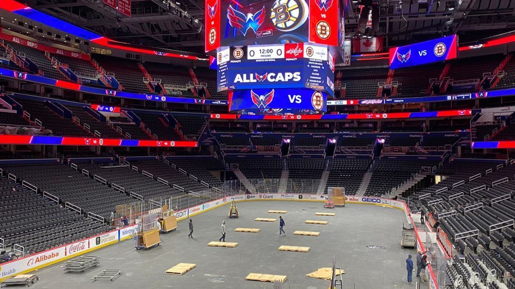 Inside Capital One Arena in D.C. on Oct. 12, 2022, crews are getting ready for the home opener for Washington Capitals. (John Gonzalez/7News)