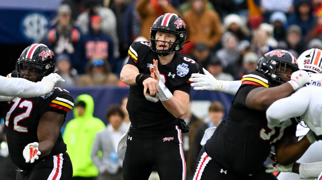 NASHVILLE, TENNESSEE - DECEMBER 30: Billy Edwards Jr. #9 of the Maryland Terrapins passes the ball against the Auburn Tigers in the first half of the TransPerfect Music City Bow at Nissan Stadium on December 30, 2023 in Nashville, Tennessee. (Photo by Carly Mackler/Getty Images)