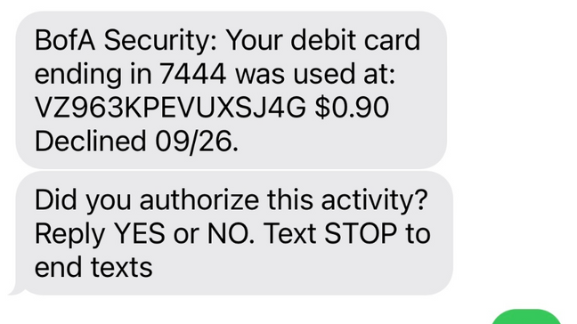 Roberson received this legitimate text message from her bank, alerting her to a suspicious charge. (Renee Roberson)