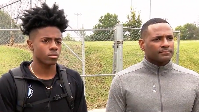 Shaun Powell Jr. (left) and Shaun Powell Sr. (right) talk to 7News about DCPS Athletic Department’s investigation. (7News)